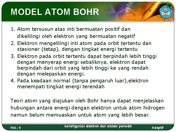 MODEL ATOM BOHR 1. Atom tersusun atas inti bermuatan positif dan dikelilingi oleh elektron