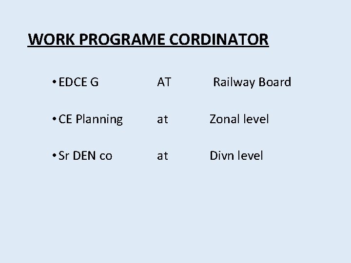 WORK PROGRAME CORDINATOR • EDCE G AT Railway Board • CE Planning at Zonal