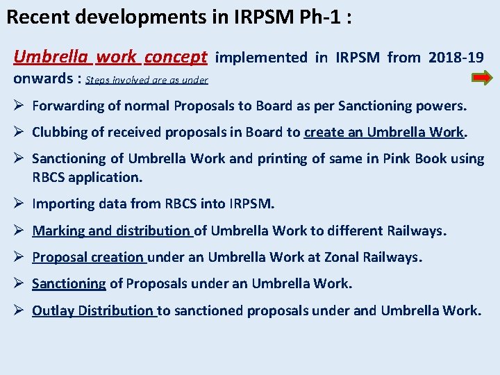 Recent developments in IRPSM Ph-1 : Umbrella work concept implemented in IRPSM from 2018