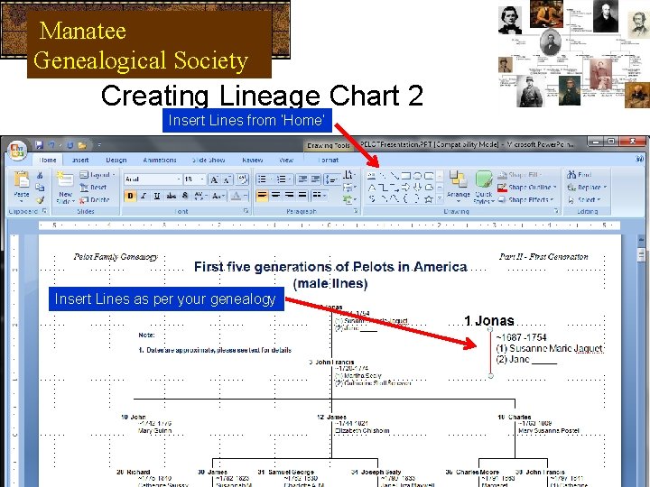 Manatee Genealogical Society Creating Lineage Chart 2 Insert Lines from ‘Home’ Insert Lines as