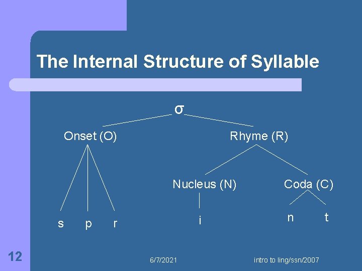 The Internal Structure of Syllable σ Onset (O) Rhyme (R) Nucleus (N) s 12