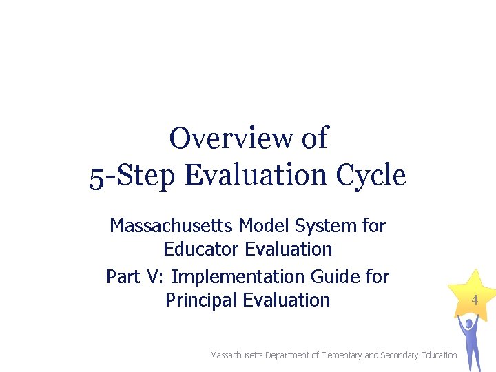 Overview of 5 -Step Evaluation Cycle Massachusetts Model System for Educator Evaluation Part V: