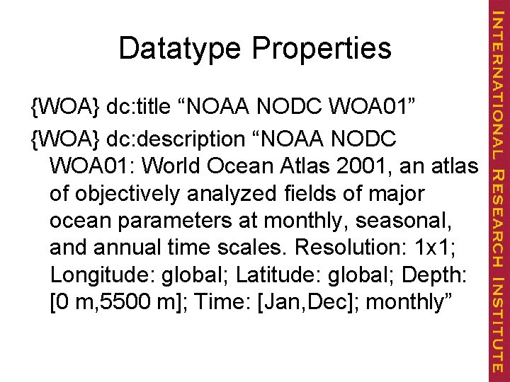 Datatype Properties {WOA} dc: title “NOAA NODC WOA 01” {WOA} dc: description “NOAA NODC
