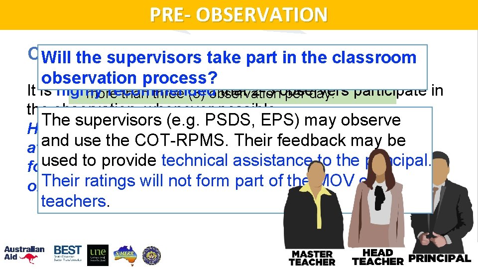 PRE- OBSERVATION OBSERVER Will q the supervisors part inwithin the aclassroom If there are