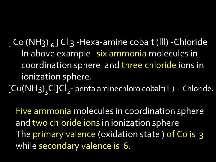 [ Co (NH 3) 6 ] Cl 3 -Hexa-amine cobalt (lll) -Ch. Ioride In