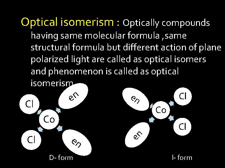 Optical isomerism : Optically compounds having same molecular formula , same structural formula but