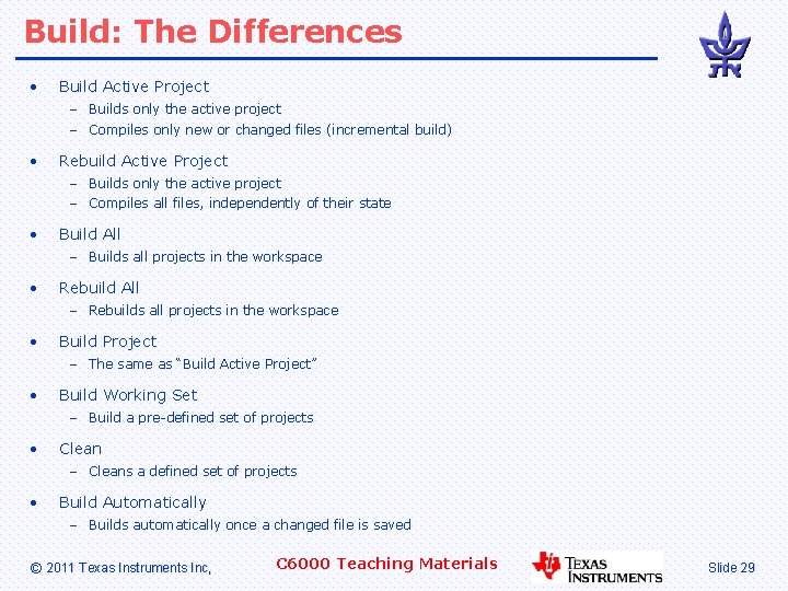Build: The Differences • Build Active Project – Builds only the active project –
