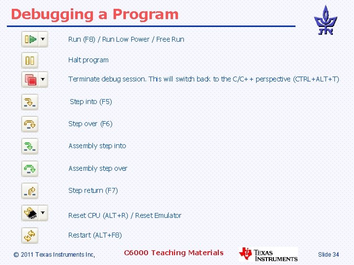 Debugging a Program Run (F 8) / Run Low Power / Free Run Halt