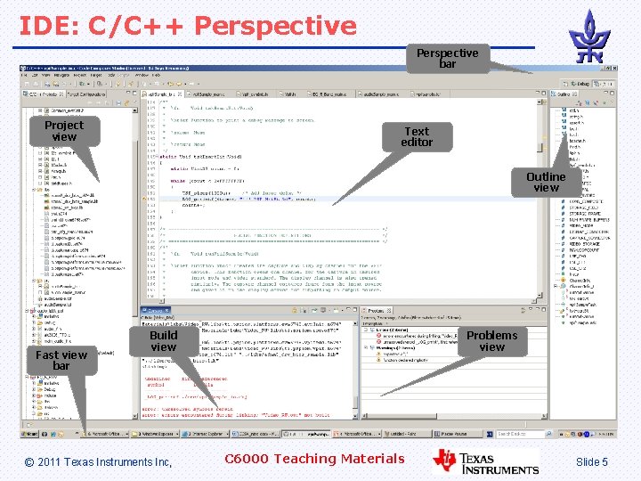 IDE: C/C++ Perspective bar Project view Text editor Outline view Fast view bar Build