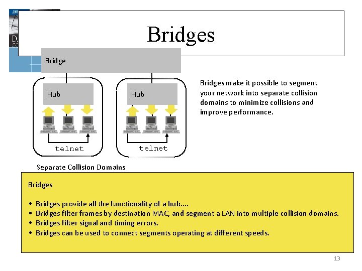 Bridges Bridge Hub telnet Hub Bridges make it possible to segment your network into