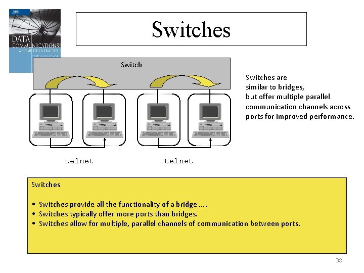 Switches are similar to bridges, but offer multiple parallel communication channels across ports for