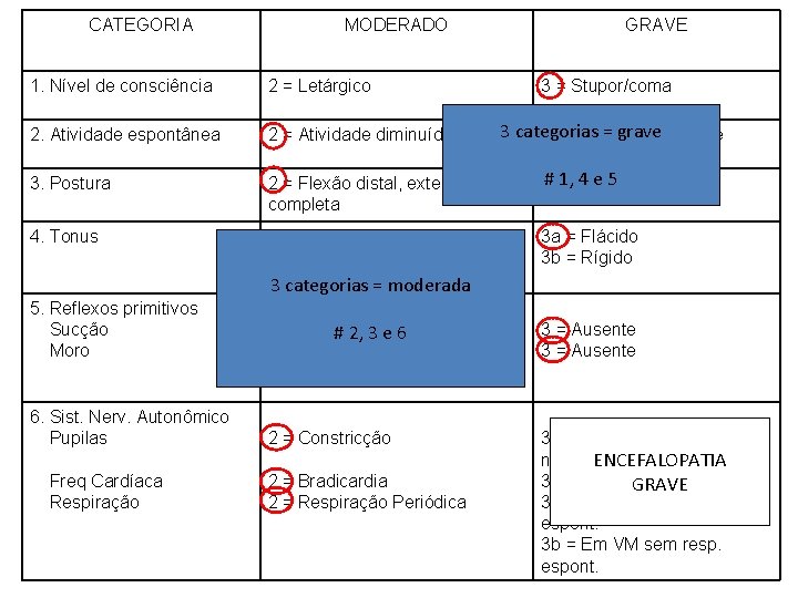 CATEGORIA MODERADO GRAVE 1. Nível de consciência 2 = Letárgico 3 = Stupor/coma 2.