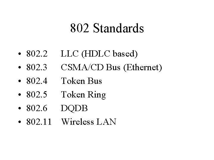 802 Standards • • • 802. 2 802. 3 802. 4 802. 5 802.