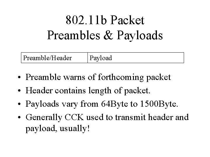802. 11 b Packet Preambles & Payloads Preamble/Header • • Payload Preamble warns of