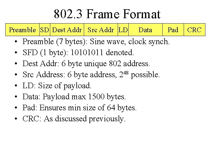 802. 3 Frame Format Preamble SD Dest Addr Src Addr LD • • Data