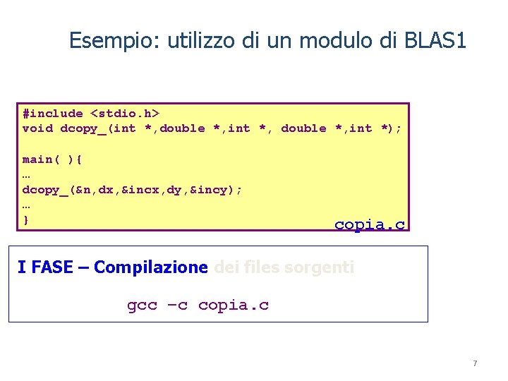 Esempio: utilizzo di un modulo di BLAS 1 #include <stdio. h> void dcopy_(int *,