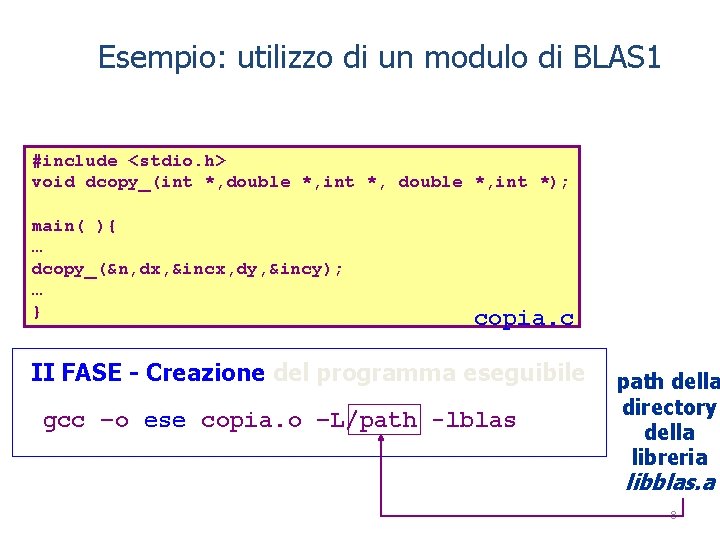 Esempio: utilizzo di un modulo di BLAS 1 #include <stdio. h> void dcopy_(int *,