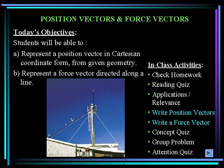 POSITION VECTORS & FORCE VECTORS Today’s Objectives: Students will be able to : a)