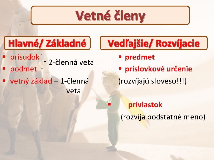 Vetné členy Hlavné/ Základné Vedľajšie/ Rozvíjacie § prísudok 2 -členná veta § podmet §