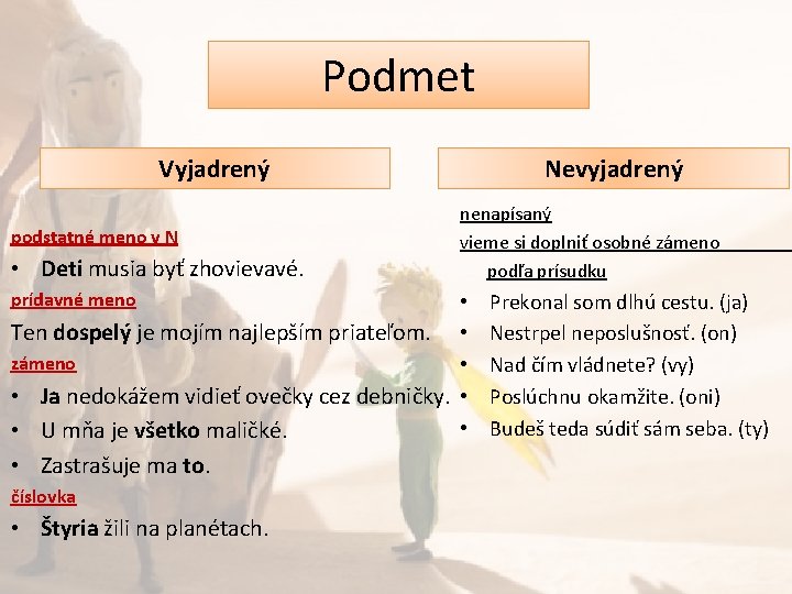 Podmet Vyjadrený podstatné meno v N • Deti musia byť zhovievavé. prídavné meno Nevyjadrený