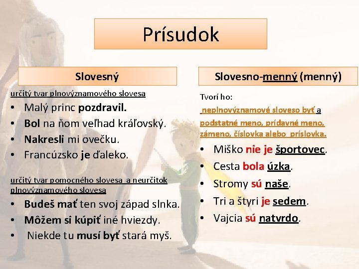 Prísudok Slovesný určitý tvar plnovýznamového slovesa • • Malý princ pozdravil. Bol na ňom