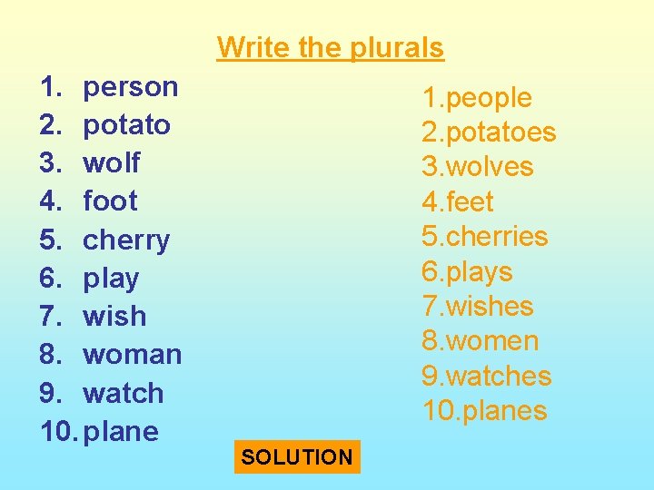 Write the plurals 1. person 2. potato 3. wolf 4. foot 5. cherry 6.