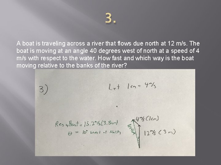 3. A boat is traveling across a river that flows due north at 12