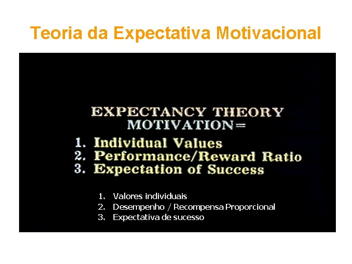 Teoria da Expectativa Motivacional 1. 2. 3. Valores individuais Desempenho / Recompensa Proporcional Expectativa