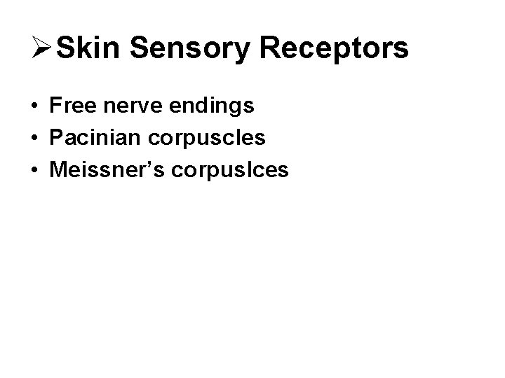 ØSkin Sensory Receptors • Free nerve endings • Pacinian corpuscles • Meissner’s corpuslces 