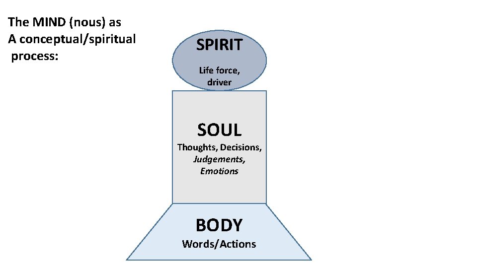 The MIND (nous) as A conceptual/spiritual process: SPIRIT Life force, driver SOUL Thoughts, Decisions,