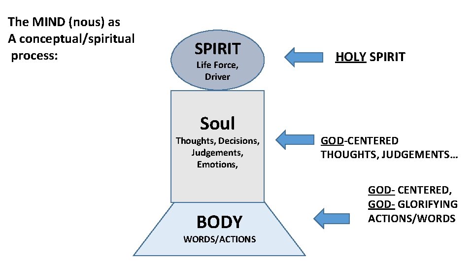 The MIND (nous) as A conceptual/spiritual process: SPIRIT Life Force, Driver Soul Thoughts, Decisions,