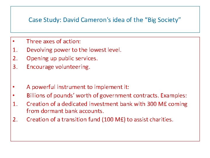 Case Study: David Cameron's idea of the “Big Society” • 1. 2. 3. Three