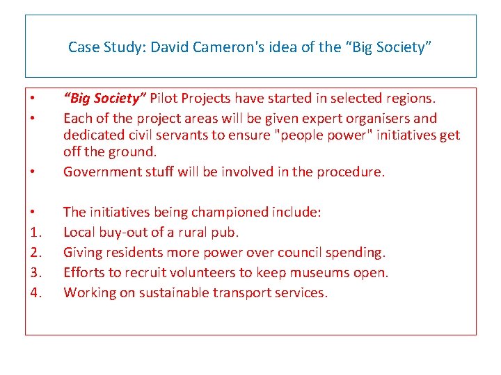 Case Study: David Cameron's idea of the “Big Society” • “Big Society” Pilot Projects