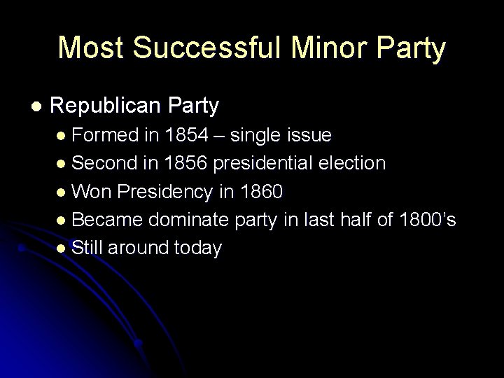 Most Successful Minor Party l Republican Party l Formed in 1854 – single issue Most Successful Minor Party l Republican Party l Formed in 1854 – single issue