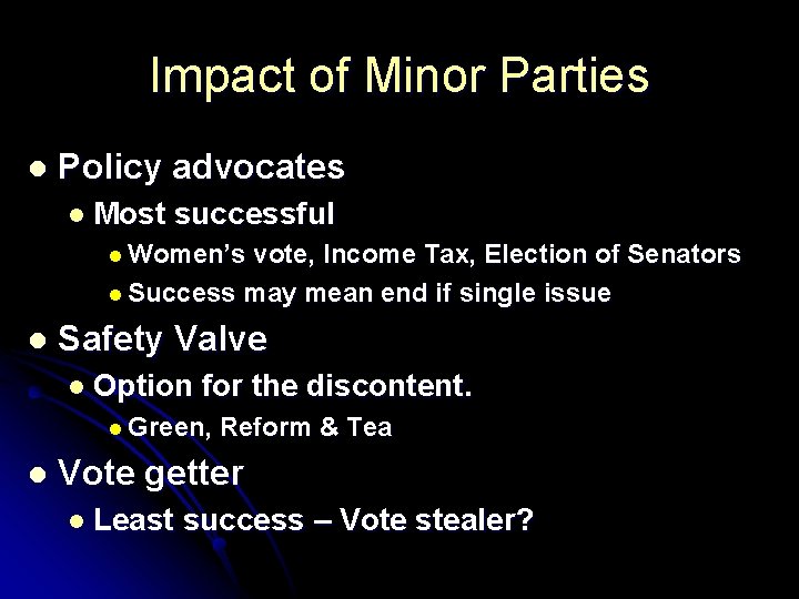 Impact of Minor Parties l Policy advocates l Most successful l Women’s vote, Income Impact of Minor Parties l Policy advocates l Most successful l Women’s vote, Income