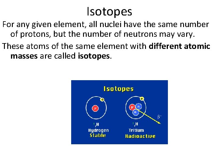 Isotopes For any given element, all nuclei have the same number of protons, but