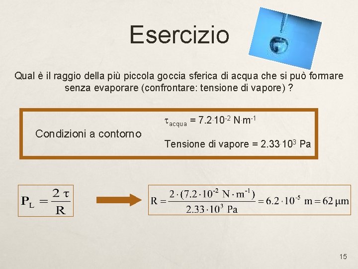 Esercizio Qual è il raggio della più piccola goccia sferica di acqua che si Esercizio Qual è il raggio della più piccola goccia sferica di acqua che si