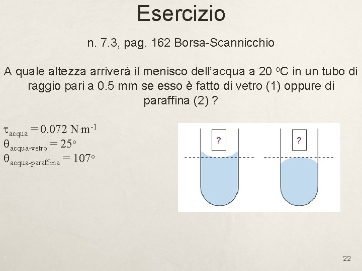 Esercizio n. 7. 3, pag. 162 Borsa-Scannicchio A quale altezza arriverà il menisco dell’acqua Esercizio n. 7. 3, pag. 162 Borsa-Scannicchio A quale altezza arriverà il menisco dell’acqua