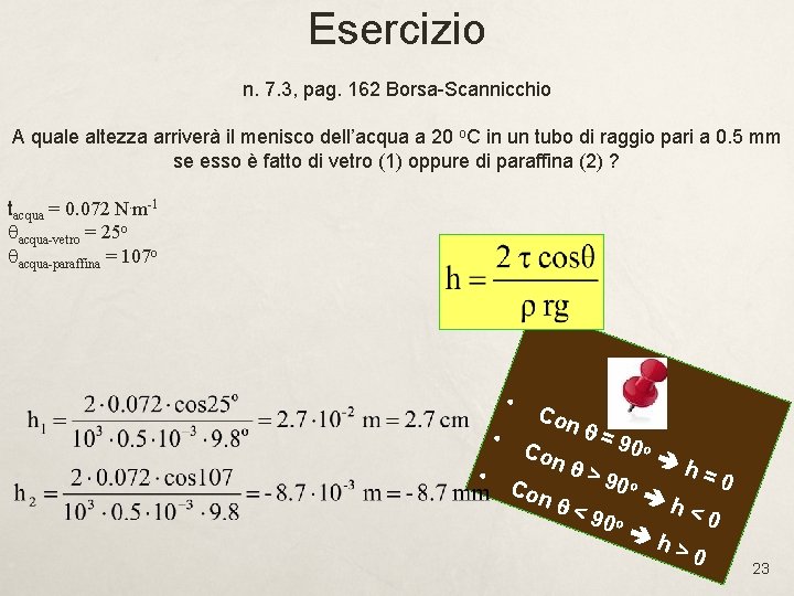 Esercizio n. 7. 3, pag. 162 Borsa-Scannicchio A quale altezza arriverà il menisco dell’acqua Esercizio n. 7. 3, pag. 162 Borsa-Scannicchio A quale altezza arriverà il menisco dell’acqua