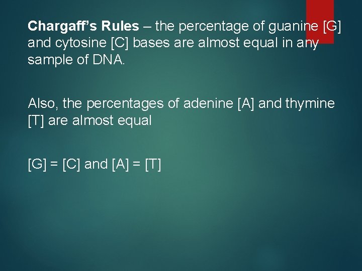 Chargaff’s Rules – the percentage of guanine [G] and cytosine [C] bases are almost