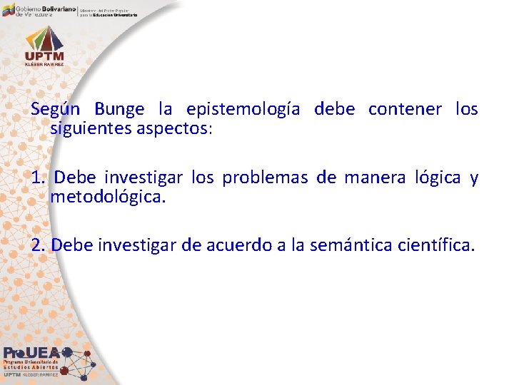 Según Bunge la epistemología debe contener los siguientes aspectos: 1. Debe investigar los problemas