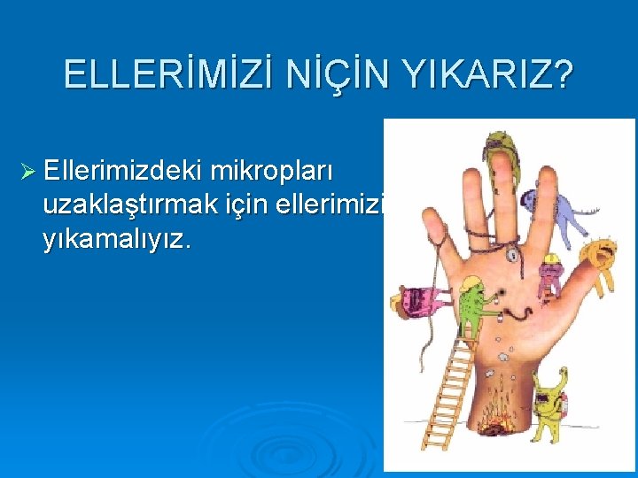 ELLERİMİZİ NİÇİN YIKARIZ? Ø Ellerimizdeki mikropları uzaklaştırmak için ellerimizi yıkamalıyız. 