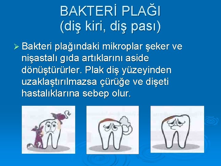 BAKTERİ PLAĞI (diş kiri, diş pası) Ø Bakteri plağındaki mikroplar şeker ve nişastalı gıda