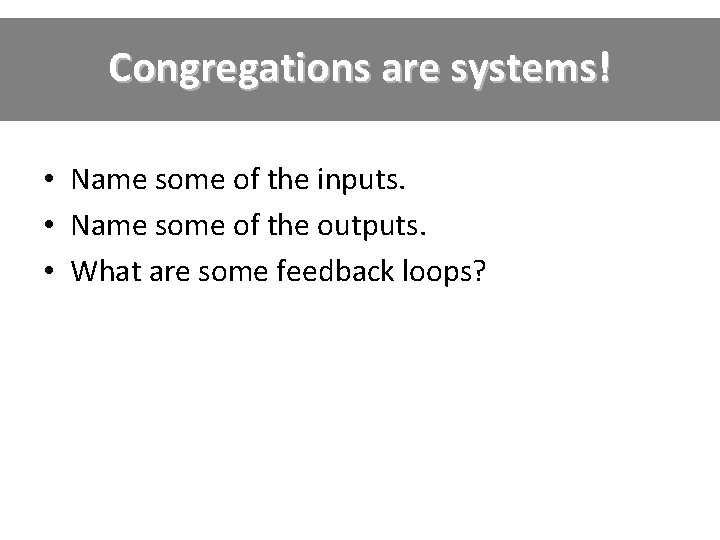 Congregations are systems! • Name some of the inputs. • Name some of the