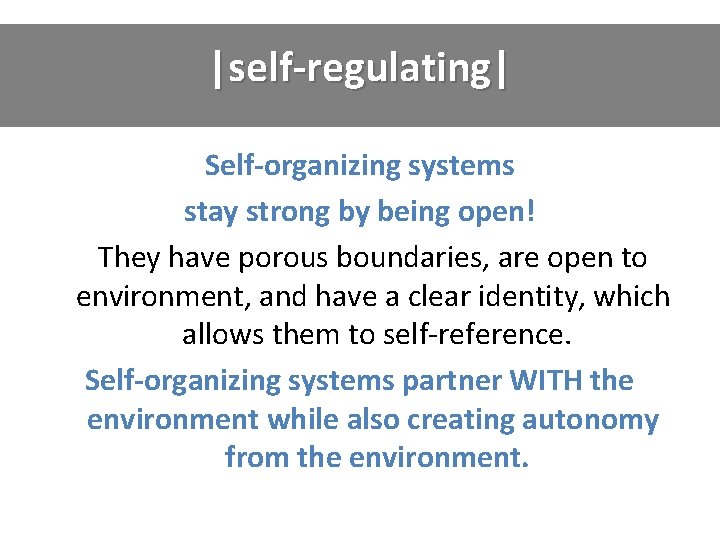 |self-regulating| Self-organizing systems stay strong by being open! They have porous boundaries, are open