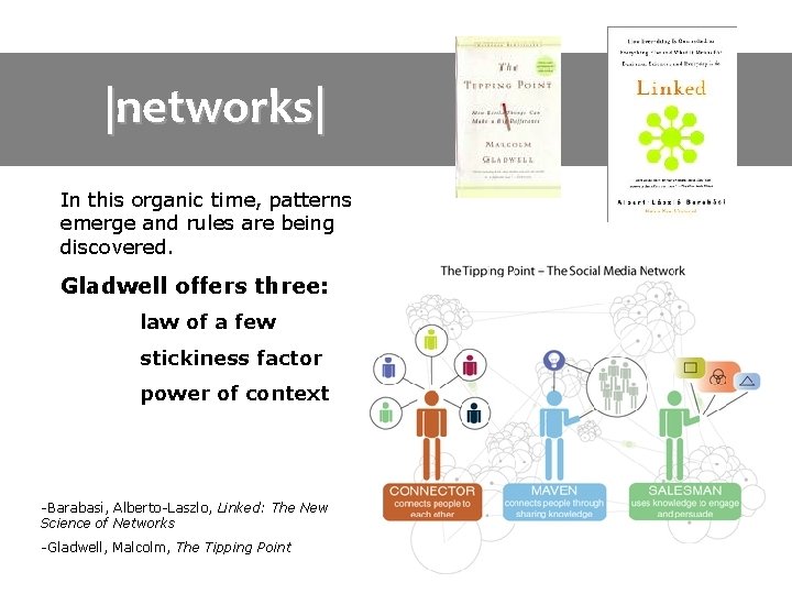 |networks| In this organic time, patterns emerge and rules are being discovered. Gladwell offers