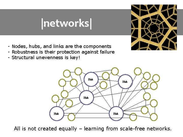 |networks| - Nodes, hubs, and links are the components - Robustness is their protection