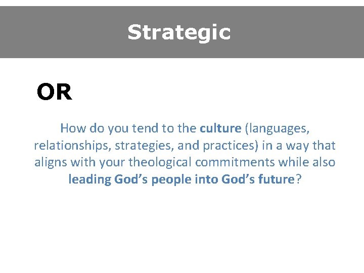 Strategic OR How do you tend to the culture (languages, relationships, strategies, and practices)