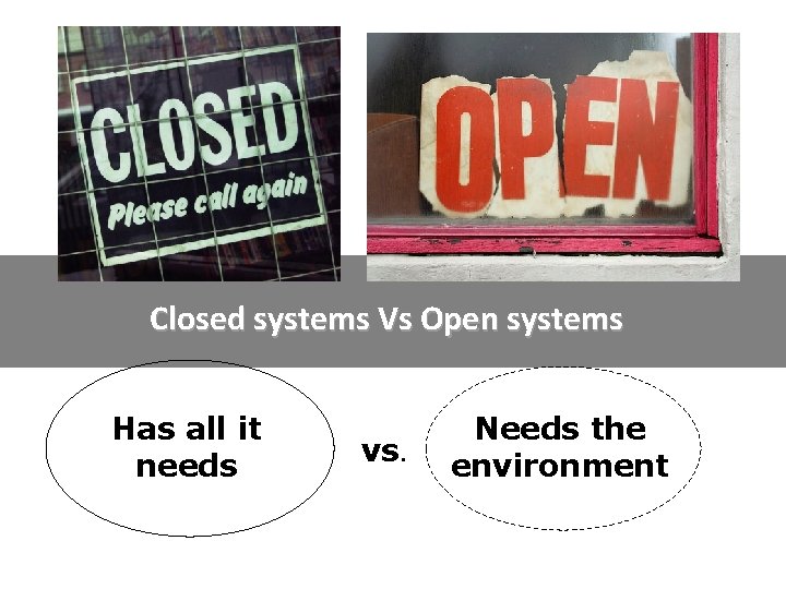 Closed systems Vs Open systems Has all it needs vs. Needs the environment 