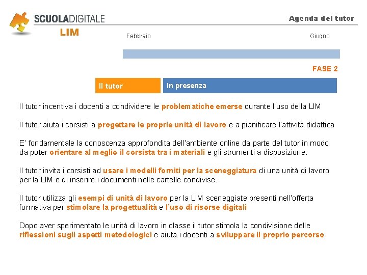 Agenda del tutor Febbraio Giugno FASE 2 Il tutor In presenza Il tutor incentiva